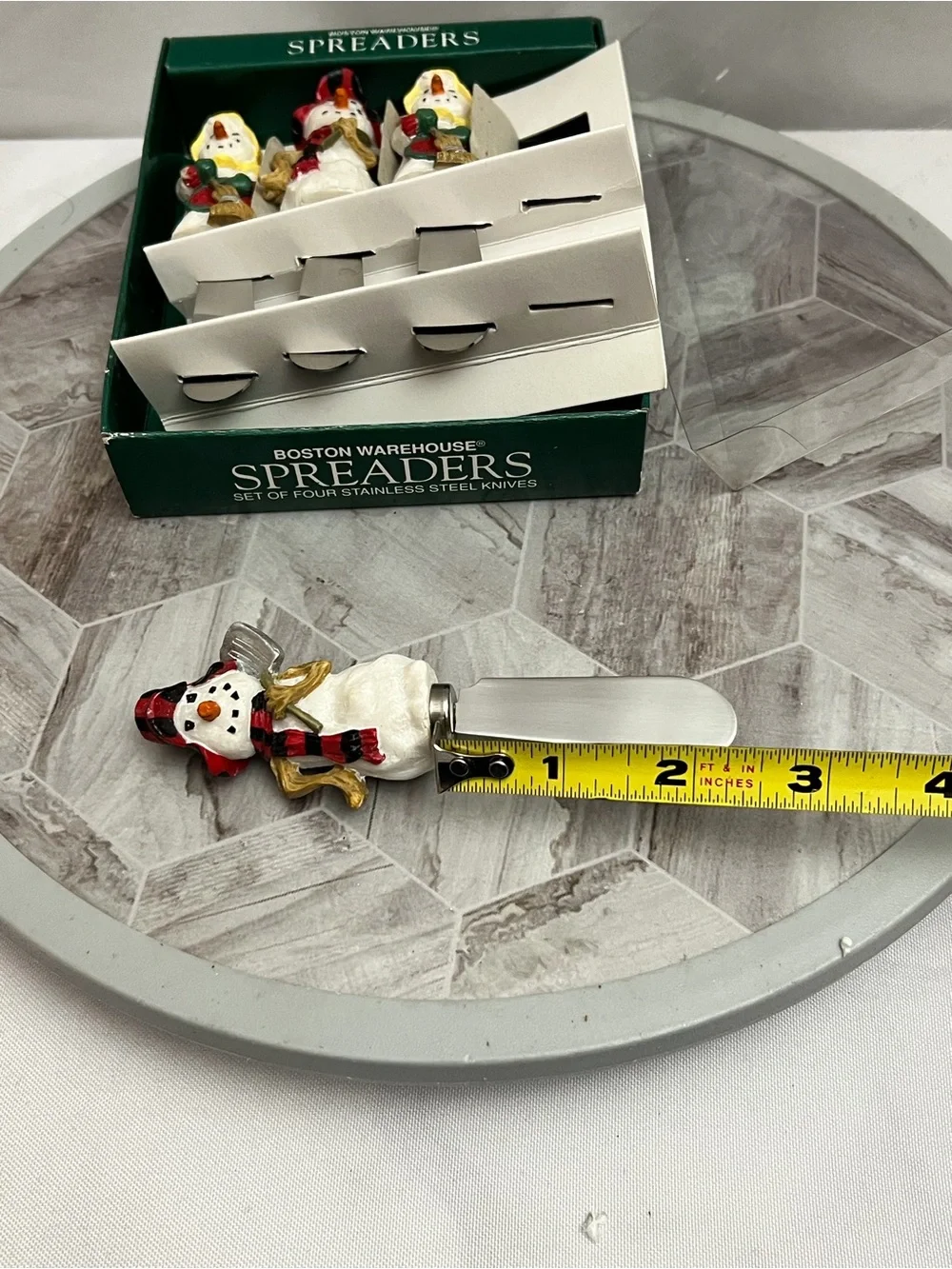 Vintage 1997 Boston Warehouse Folk Snowman Spreaders Set of 4 Boxed